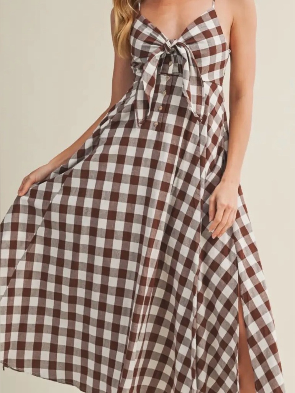 Mustard Seed Brown and White Gingham Midi Dress